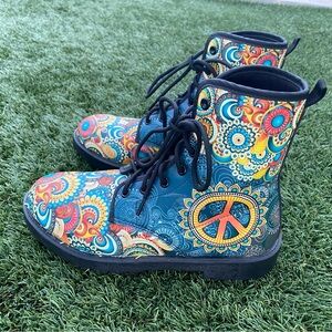 Yes We Vibe colorful flowers Peace NO COMBAT Boots Vegan Women 8 Men 6 $155